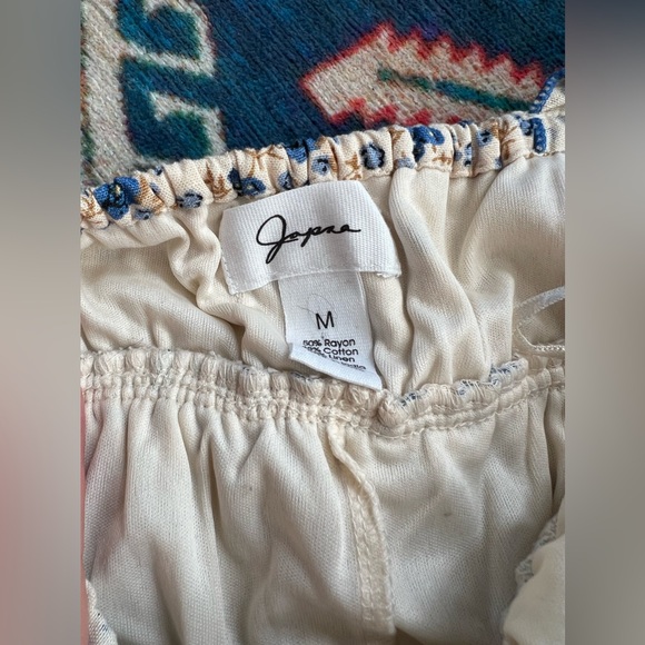 NWOT Japana cottagecore blue cream floral tiered a-line rouched mini dress, sz M - Picture 3 of 4